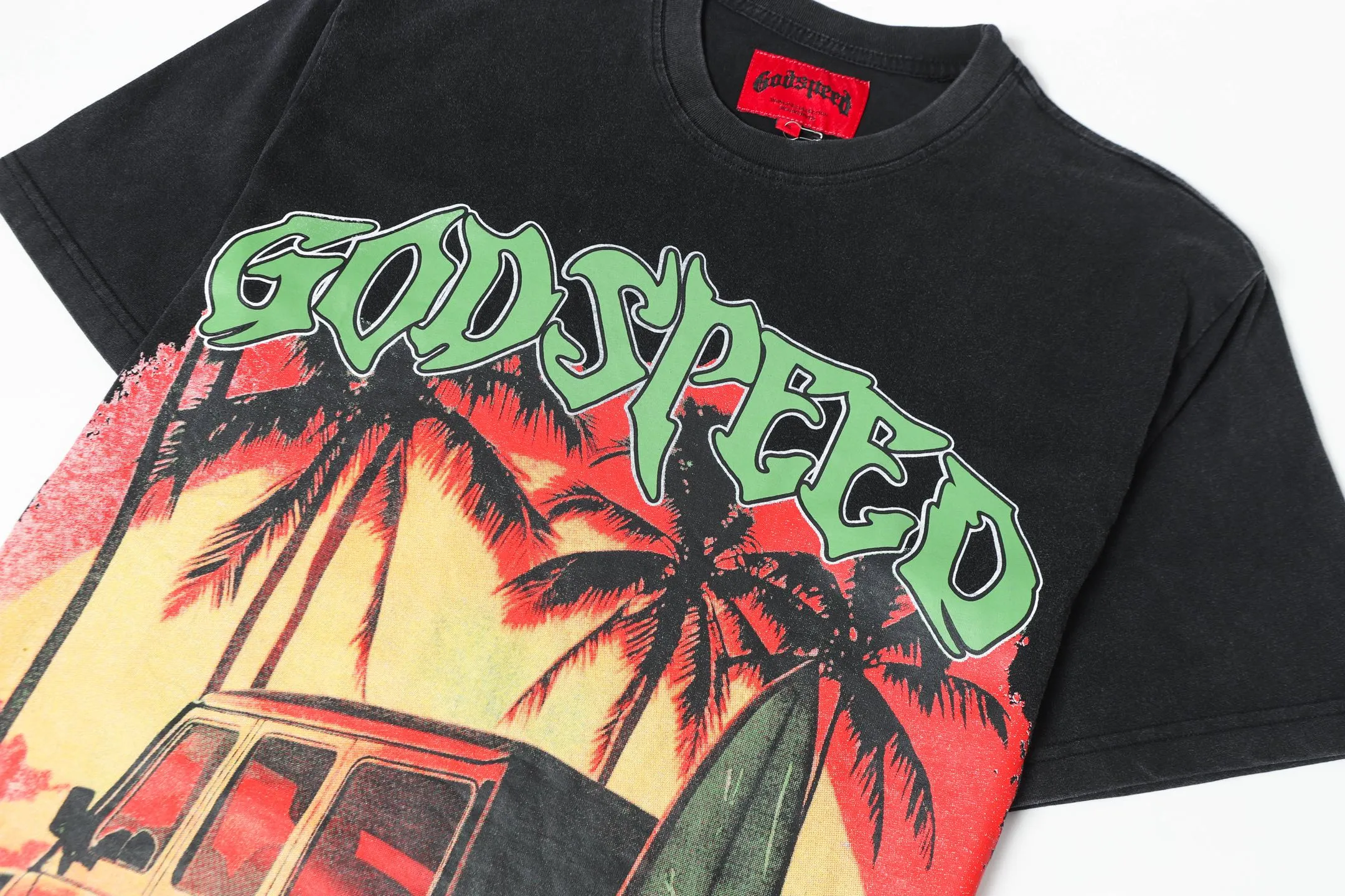 6072#washed black｜P116 Godspeed cross-border American rock and roll street washed retro style short-sleeved T (craft printing) fabric (fabric): 32 count combed double yarn 250g weight size (size): S-M-L-XL color (colour): washed black