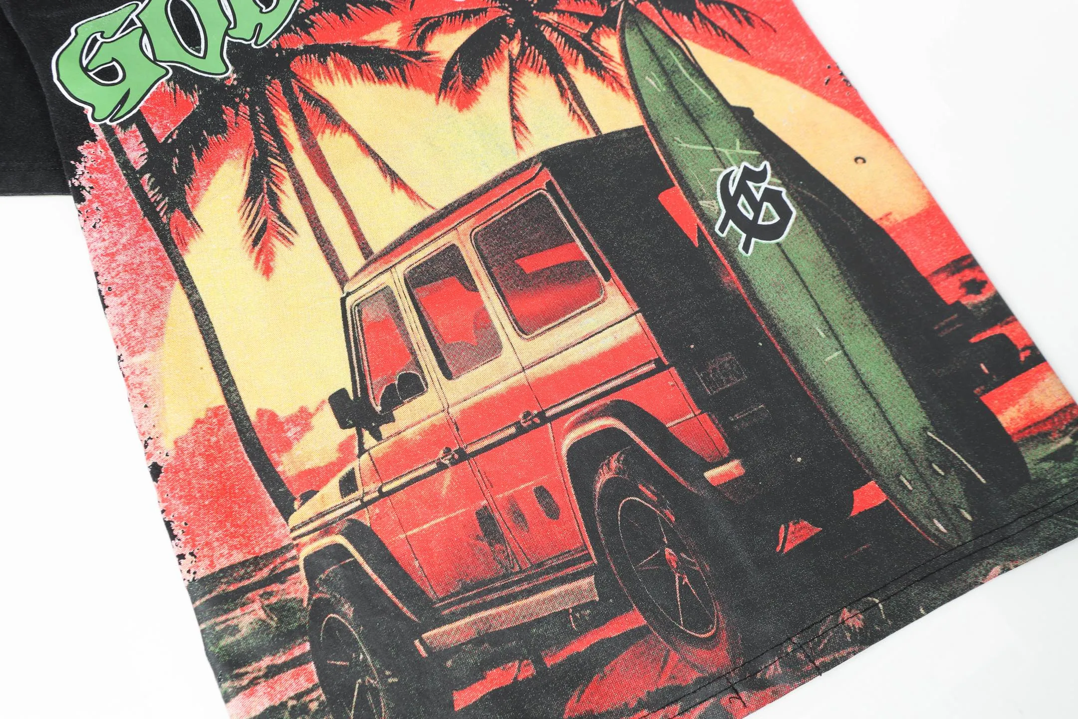 6072#washed black｜P116 Godspeed cross-border American rock and roll street washed retro style short-sleeved T (craft printing) fabric (fabric): 32 count combed double yarn 250g weight size (size): S-M-L-XL color (colour): washed black