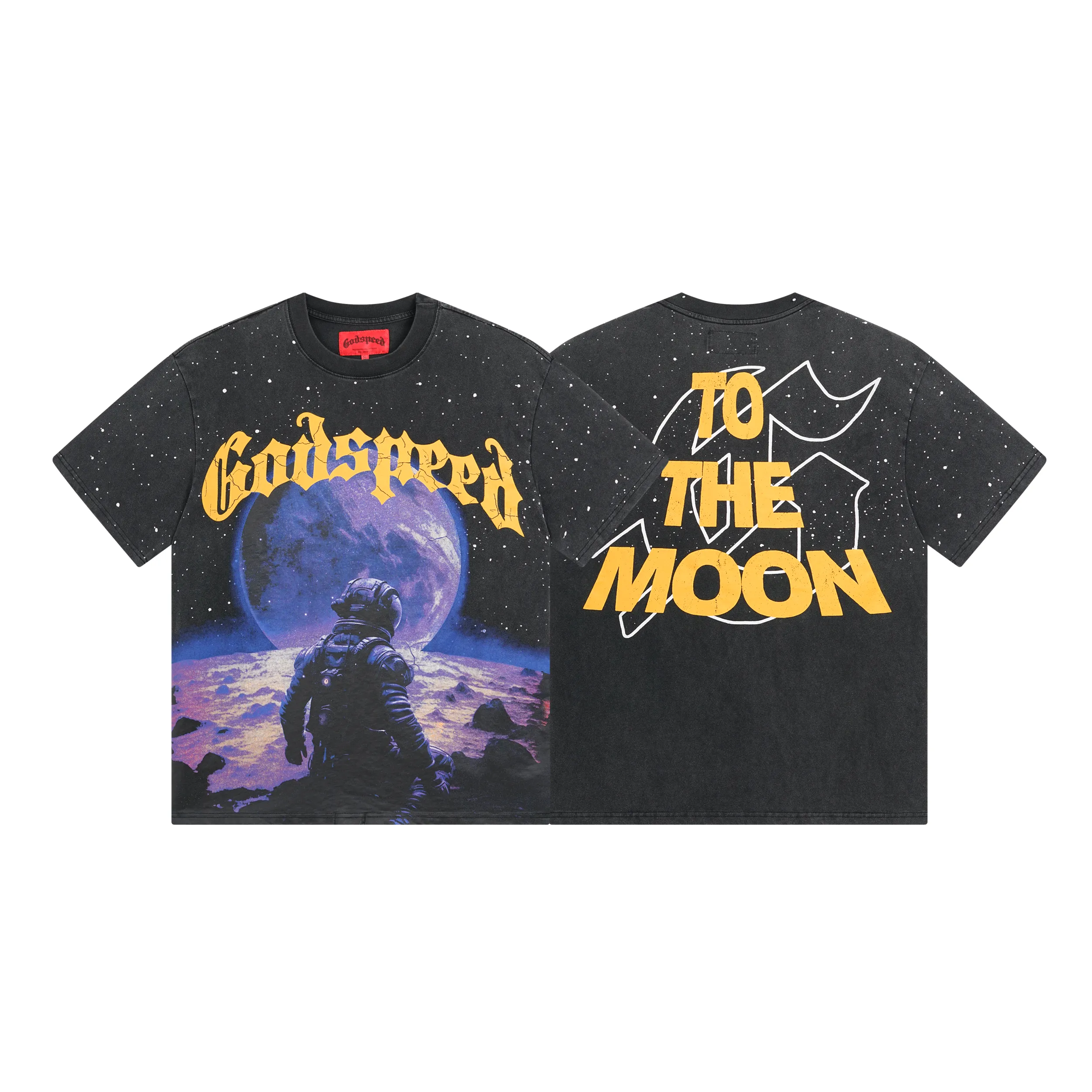 1090# P126 Washed Black Real Shot Godspeed American Fashion Rock Street Retro Washed Distressed Printed Pure Cotton Short Sleeves Fabric: 250g 32 Count Fine Cotton Double Yarn Pure Cotton Color: Washed Black Size: S M L XL