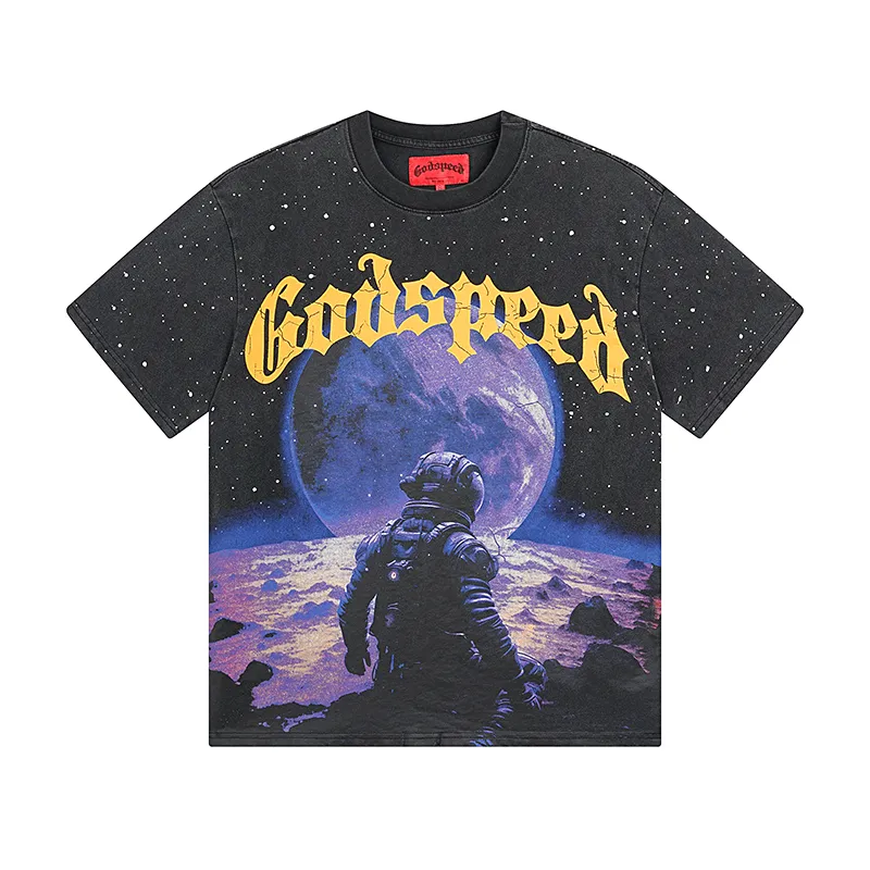 1090# P126 Washed Black Real Shot Godspeed American Fashion Rock Street Retro Washed Distressed Printed Pure Cotton Short Sleeves Fabric: 250g 32 Count Fine Cotton Double Yarn Pure Cotton Color: Washed Black Size: S M L XL