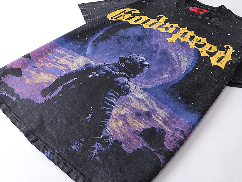 1090# P126 Washed Black Real Shot Godspeed American Fashion Rock Street Retro Washed Distressed Printed Pure Cotton Short Sleeves Fabric: 250g 32 Count Fine Cotton Double Yarn Pure Cotton Color: Washed Black Size: S M L XL