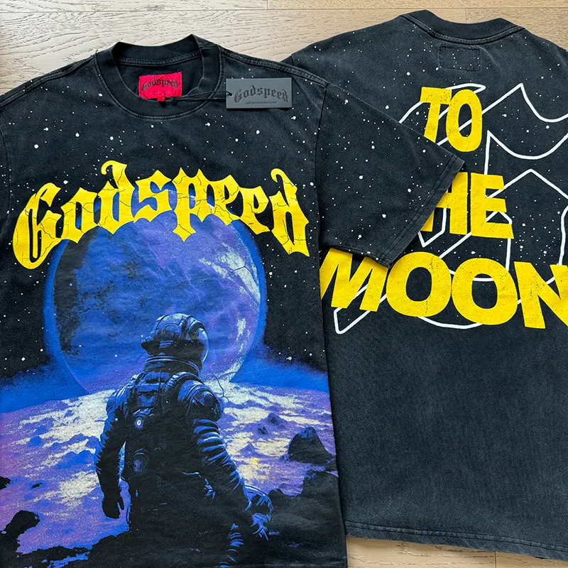 1090# P126 Washed Black Real Shot Godspeed American Fashion Rock Street Retro Washed Distressed Printed Pure Cotton Short Sleeves Fabric: 250g 32 Count Fine Cotton Double Yarn Pure Cotton Color: Washed Black Size: S M L XL