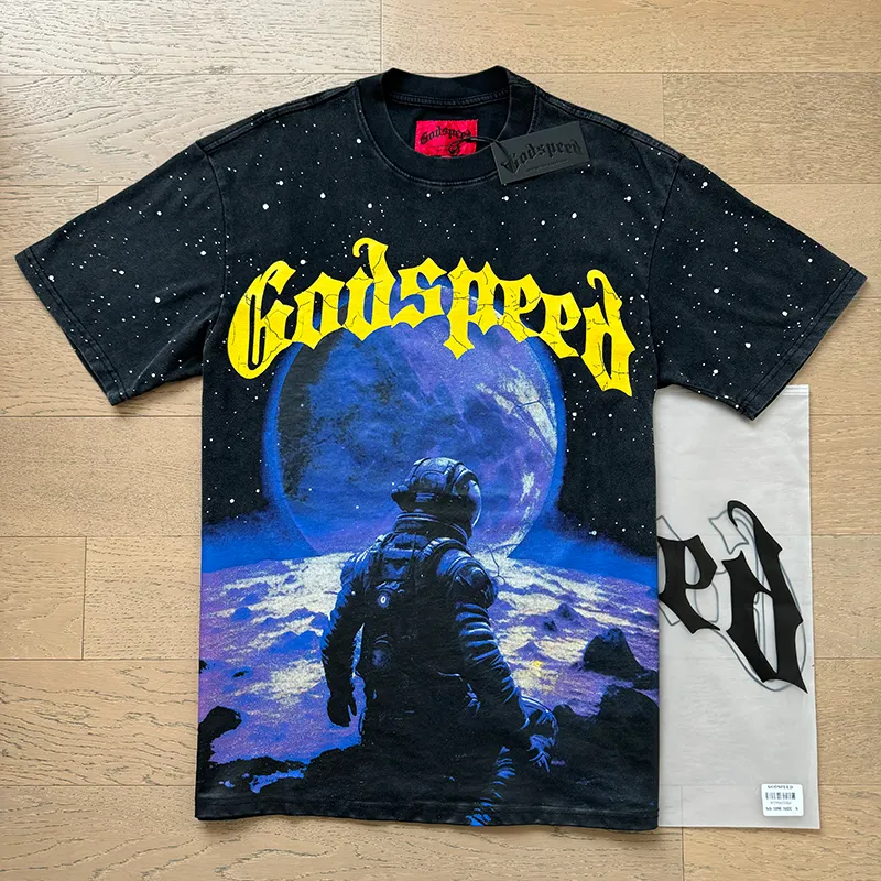 1090# P126 Washed Black Real Shot Godspeed American Fashion Rock Street Retro Washed Distressed Printed Pure Cotton Short Sleeves Fabric: 250g 32 Count Fine Cotton Double Yarn Pure Cotton Color: Washed Black Size: S M L XL