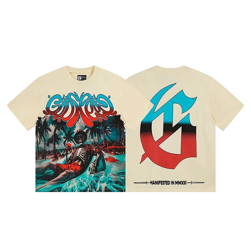 3166# P106 Real shot Godspeed American fashion rock street retro loose printed cotton short sleeves Fabric: 240g 32 count fine cotton double yarn pure cotton Color: apricot Size: S M L XL