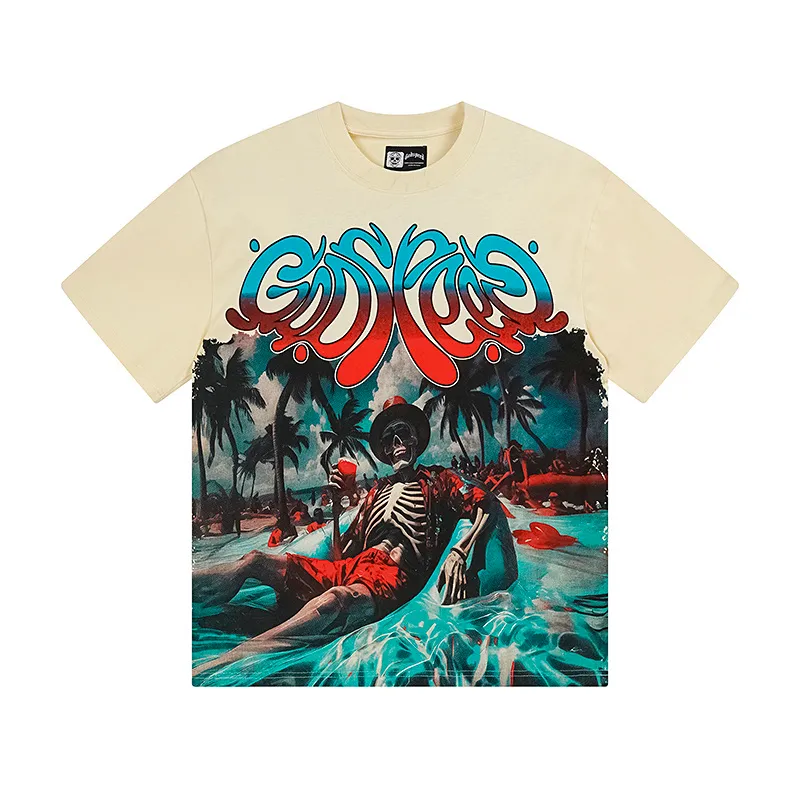 3166# P106 Real shot Godspeed American fashion rock street retro loose printed cotton short sleeves Fabric: 240g 32 count fine cotton double yarn pure cotton Color: apricot Size: S M L XL