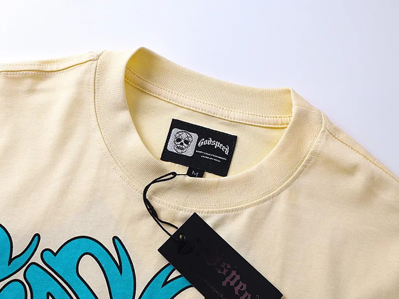 3166# P106 Real shot Godspeed American fashion rock street retro loose printed cotton short sleeves Fabric: 240g 32 count fine cotton double yarn pure cotton Color: apricot Size: S M L XL