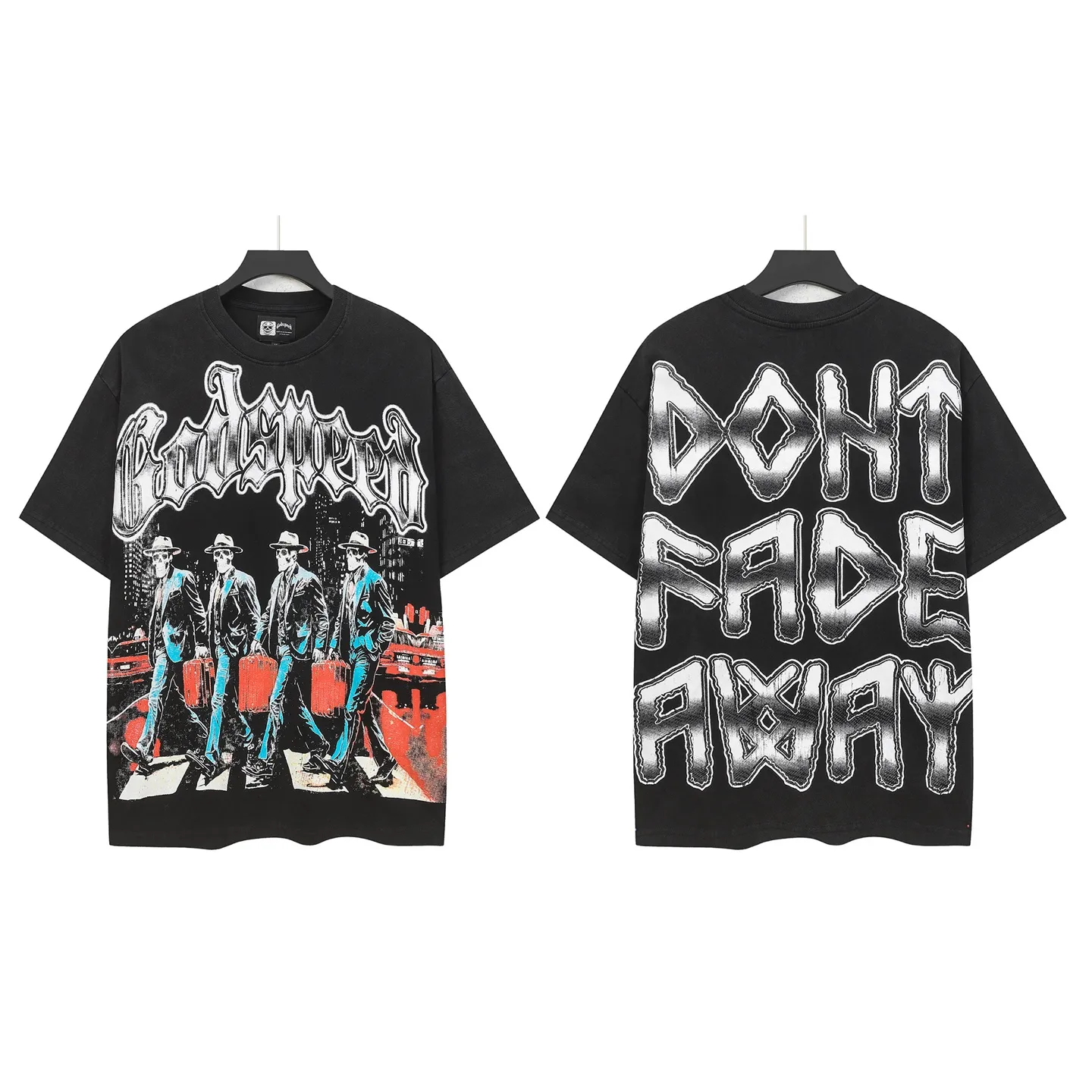 6116#washed black｜P116 Godspeed cross-border American rock and roll street washed retro style short-sleeved T (craft printing) fabric (fabric): 32 count combed double yarn 250g weight code number (size): S-M-L-XL color (colour): washed black
