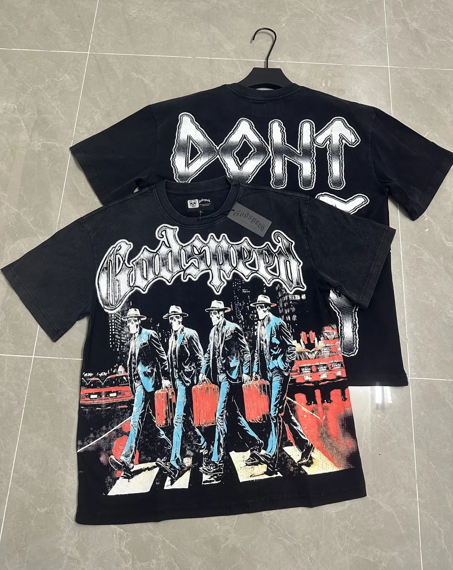 6116#washed black｜P116 Godspeed cross-border American rock and roll street washed retro style short-sleeved T (craft printing) fabric (fabric): 32 count combed double yarn 250g weight code number (size): S-M-L-XL color (colour): washed black