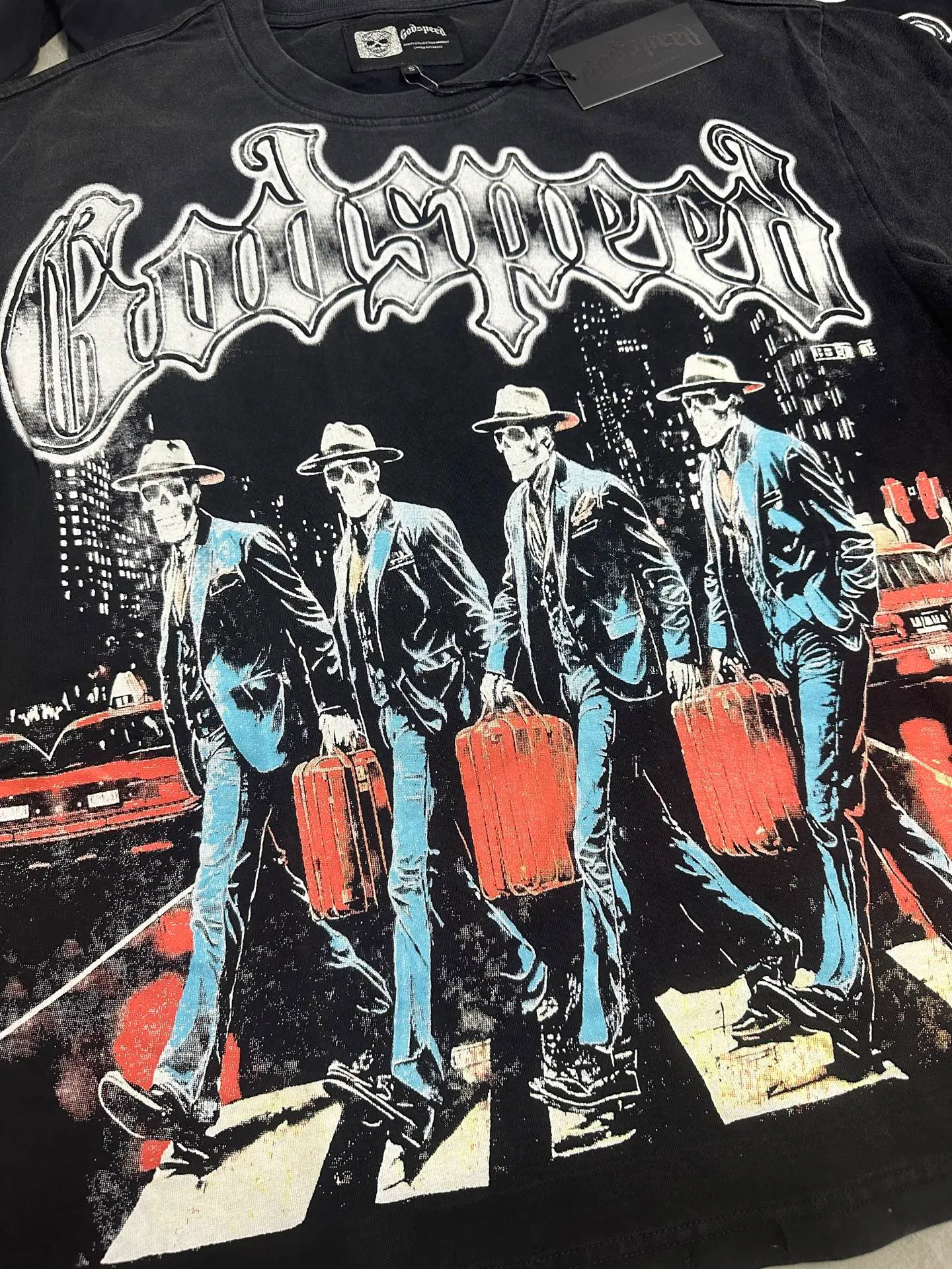 6116#washed black｜P116 Godspeed cross-border American rock and roll street washed retro style short-sleeved T (craft printing) fabric (fabric): 32 count combed double yarn 250g weight code number (size): S-M-L-XL color (colour): washed black