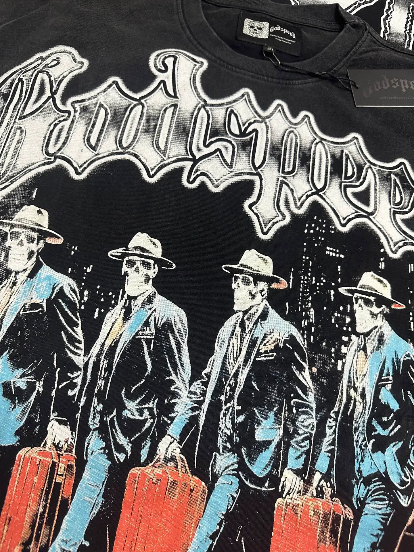 6116#washed black｜P116 Godspeed cross-border American rock and roll street washed retro style short-sleeved T (craft printing) fabric (fabric): 32 count combed double yarn 250g weight code number (size): S-M-L-XL color (colour): washed black