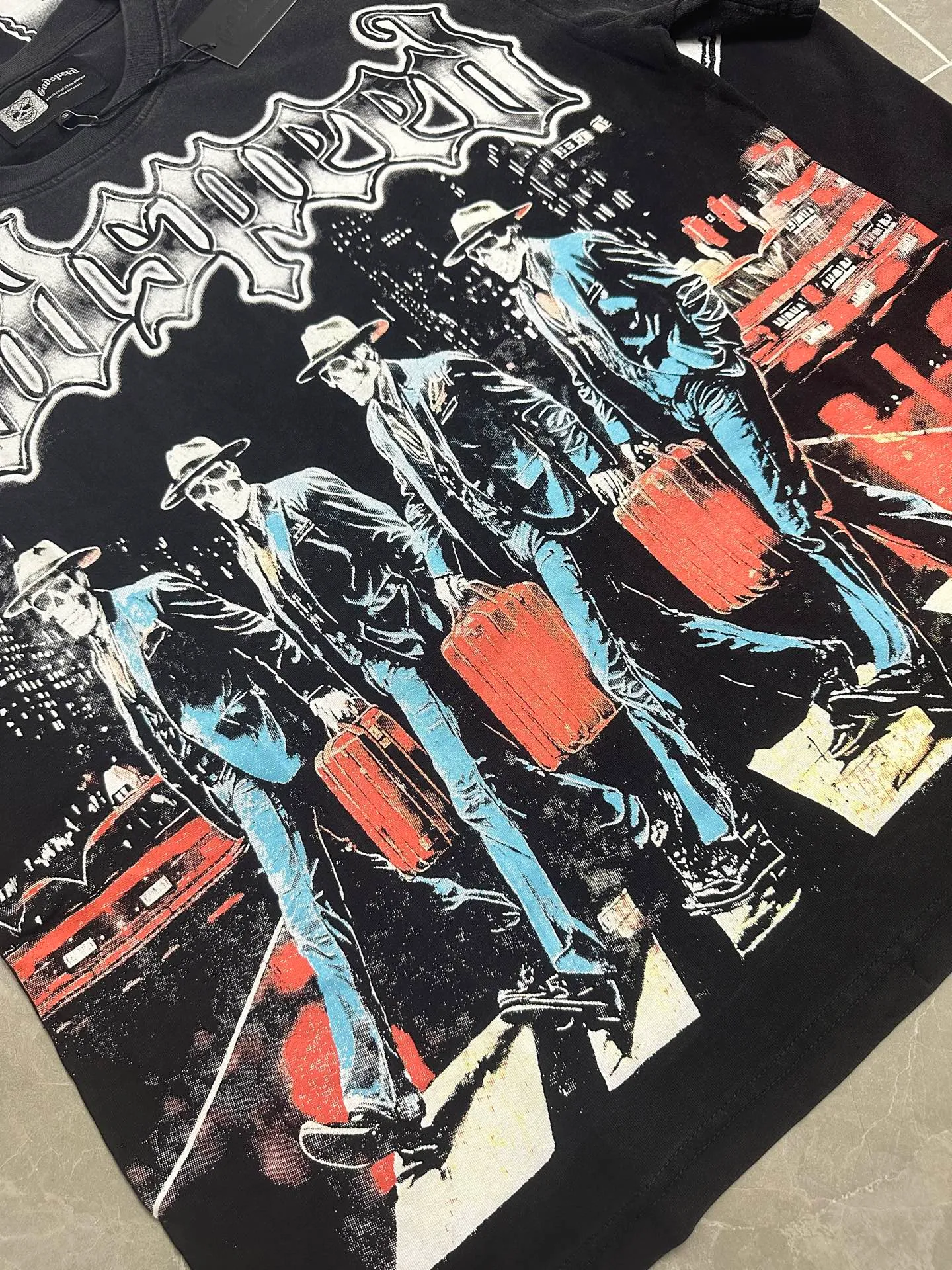 6116#washed black｜P116 Godspeed cross-border American rock and roll street washed retro style short-sleeved T (craft printing) fabric (fabric): 32 count combed double yarn 250g weight code number (size): S-M-L-XL color (colour): washed black