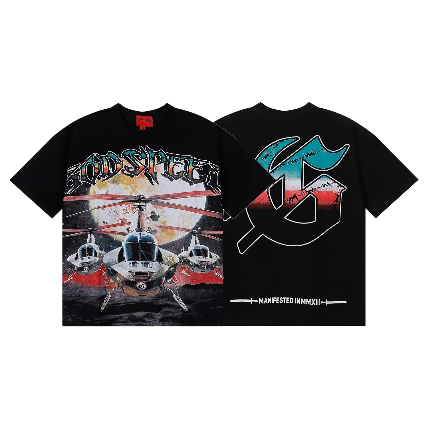 No. 7035, Mechao Godspeed helicopter printed high-quality double yarn pure cotton casual short-sleeved T-shirt batch 110 Color: black; Size: S M L XL