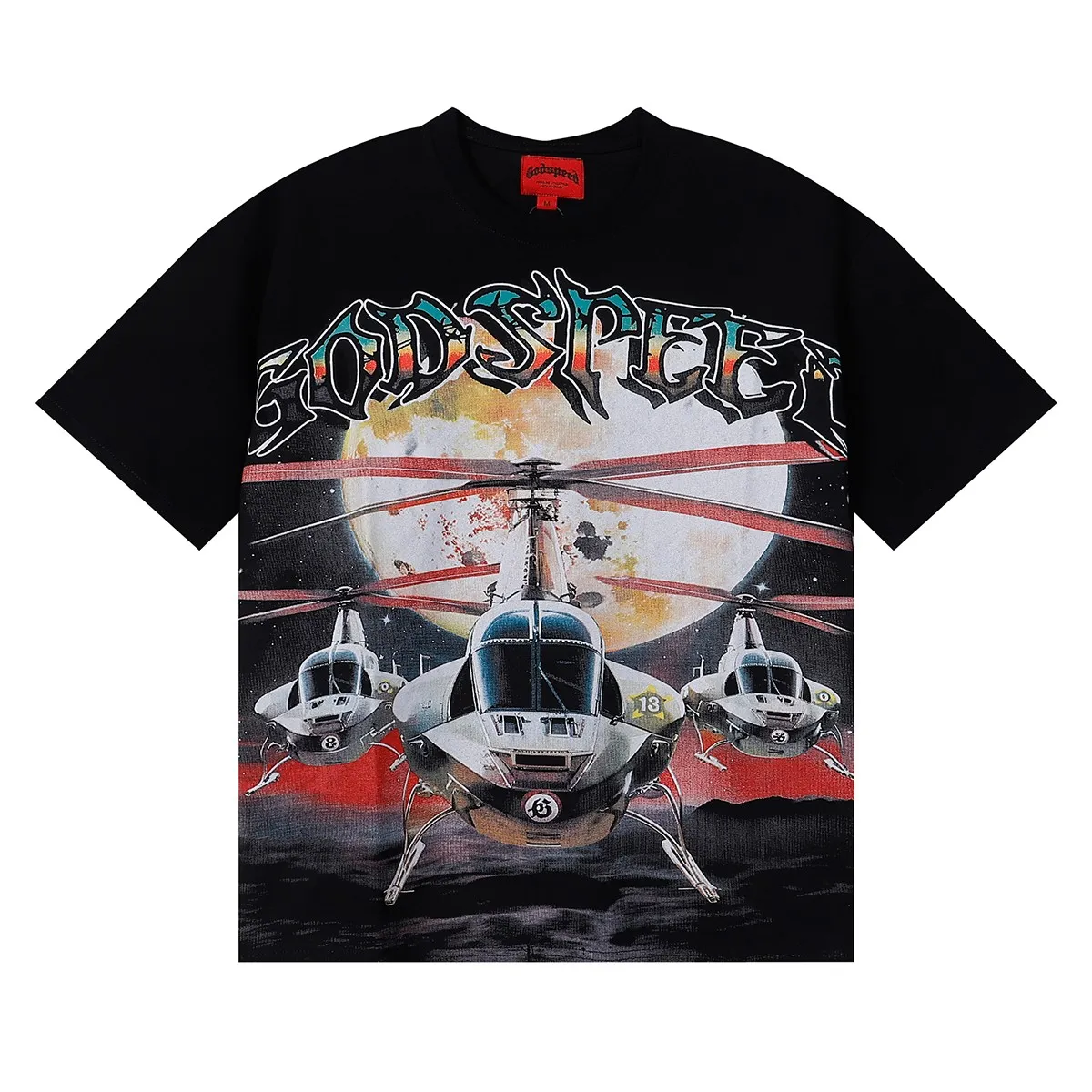 No. 7035, Mechao Godspeed helicopter printed high-quality double yarn pure cotton casual short-sleeved T-shirt batch 110 Color: black; Size: S M L XL