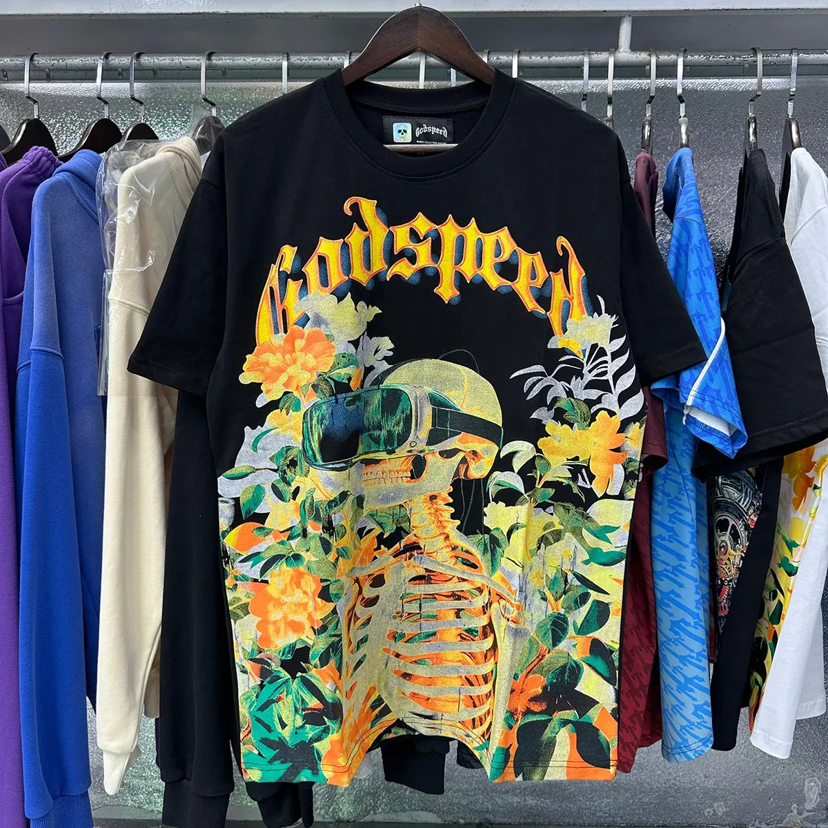No. 7029, real shot, beautiful and trendy Godspeed VR glasses skull small fresh print high weight double yarn pure cotton casual short-sleeved T-shirt batch 110 Color: black, white; Size: S M L XL