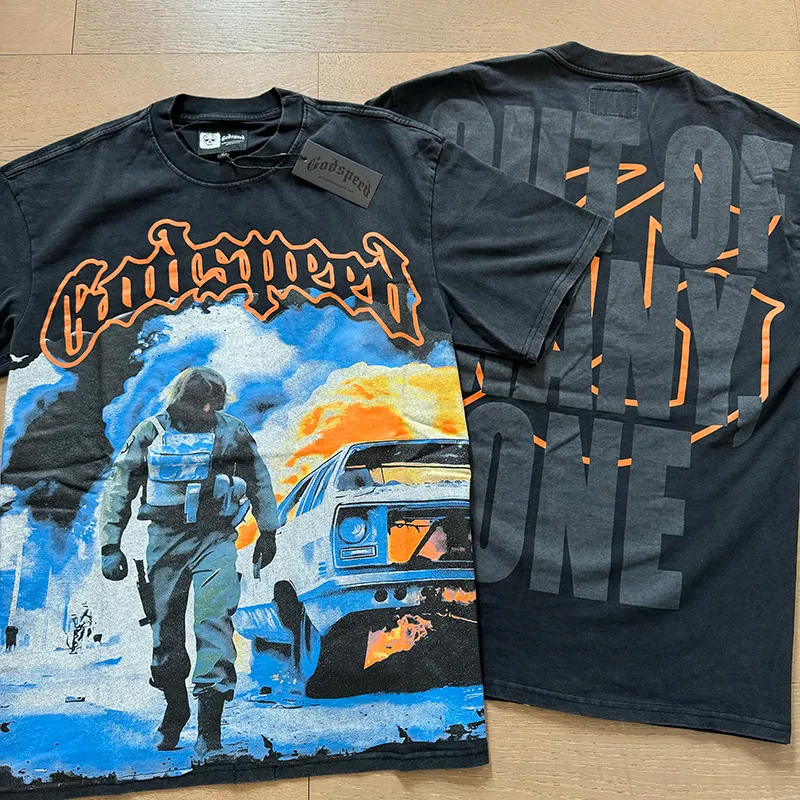 1006# P126 Washed Black Real Shot Godspeed American Fashion Rock Street Retro Washed Distressed Printed Pure Cotton Short Sleeves Fabric: 250g 32 Count Fine Cotton Double Yarn Pure Cotton Color: Washed Black Size: S M L XL