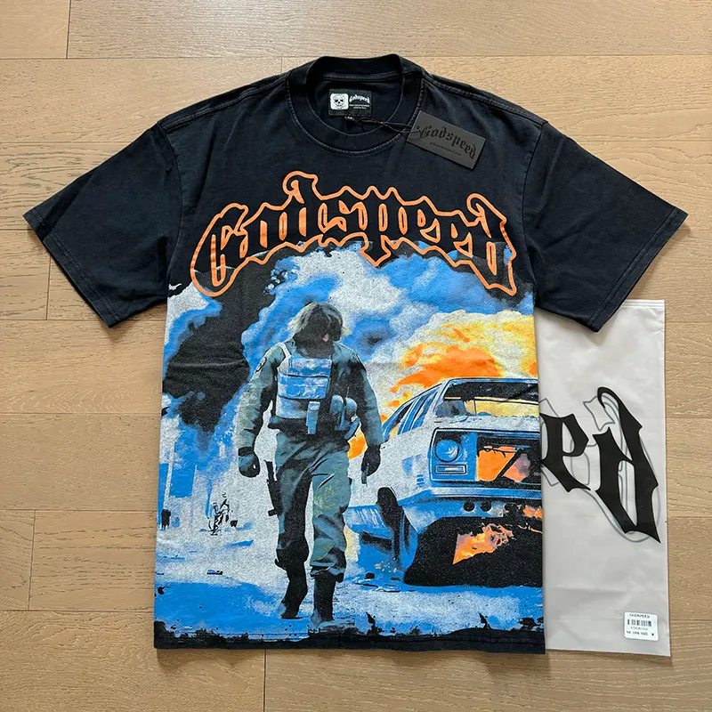 1006# P126 Washed Black Real Shot Godspeed American Fashion Rock Street Retro Washed Distressed Printed Pure Cotton Short Sleeves Fabric: 250g 32 Count Fine Cotton Double Yarn Pure Cotton Color: Washed Black Size: S M L XL