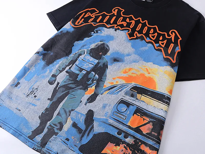 1006# P126 Washed Black Real Shot Godspeed American Fashion Rock Street Retro Washed Distressed Printed Pure Cotton Short Sleeves Fabric: 250g 32 Count Fine Cotton Double Yarn Pure Cotton Color: Washed Black Size: S M L XL