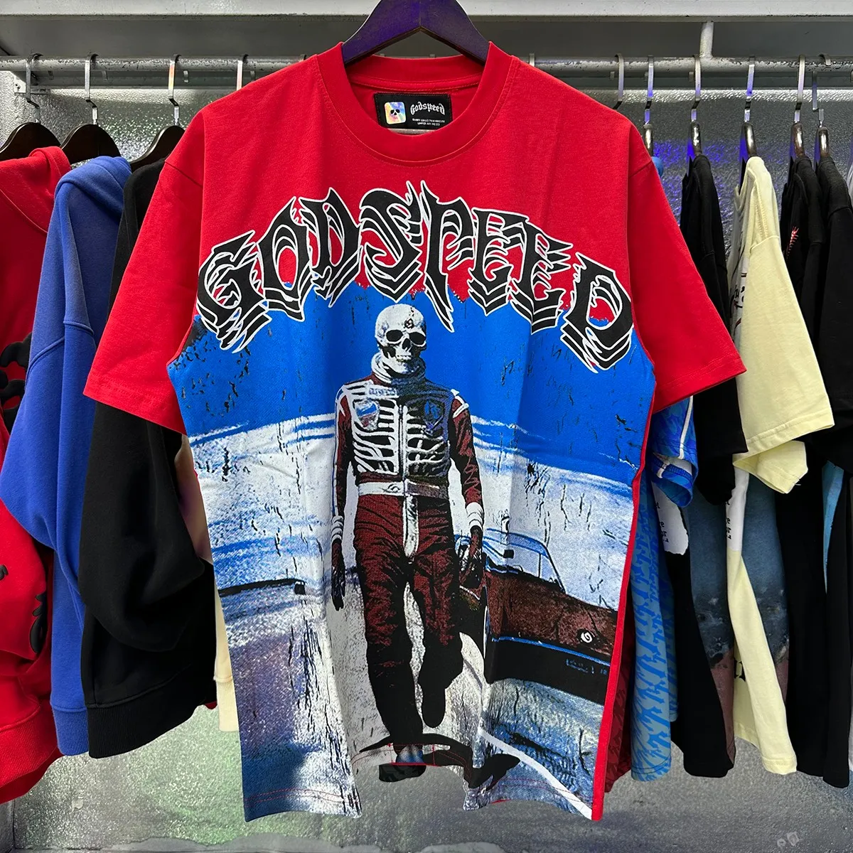 Actual photo, No. 7069, Mechao Godspeed sports car skull racer print high quality double yarn pure cotton casual short-sleeved T-shirt batch 110 Color: black, white, red; Size: S M L XL