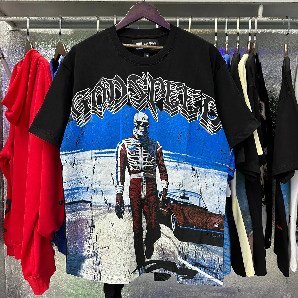 Actual photo, No. 7069, Mechao Godspeed sports car skull racer print high quality double yarn pure cotton casual short-sleeved T-shirt batch 110 Color: black, white, red; Size: S M L XL