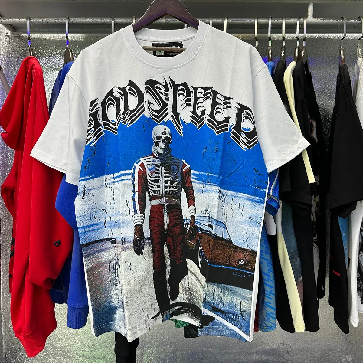 Actual photo, No. 7069, Mechao Godspeed sports car skull racer print high quality double yarn pure cotton casual short-sleeved T-shirt batch 110 Color: black, white, red; Size: S M L XL