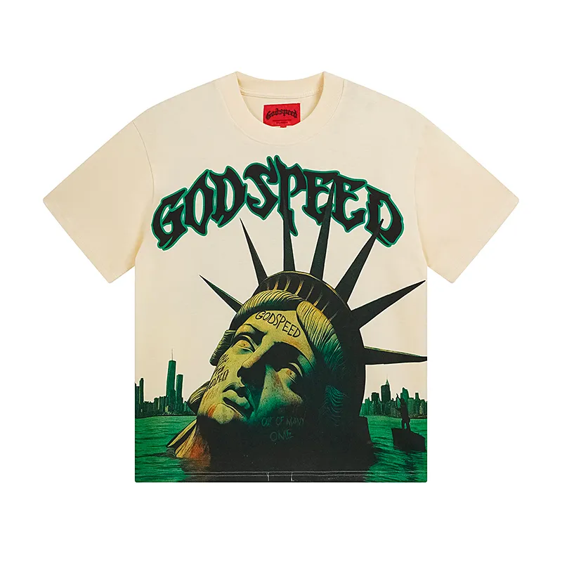 3069# P110 Real shot Godspeed American trendy rock and roll street retro loose printed cotton short sleeves Fabric: 240g 32 count fine cotton double yarn pure cotton Color: apricot Size: S M L XL