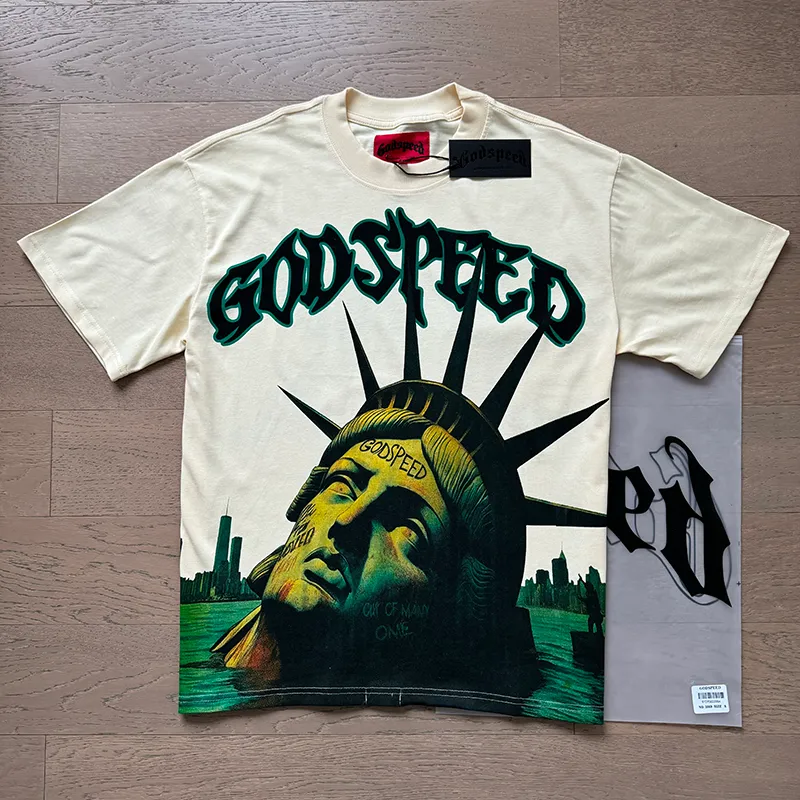 3069# P110 Real shot Godspeed American trendy rock and roll street retro loose printed cotton short sleeves Fabric: 240g 32 count fine cotton double yarn pure cotton Color: apricot Size: S M L XL