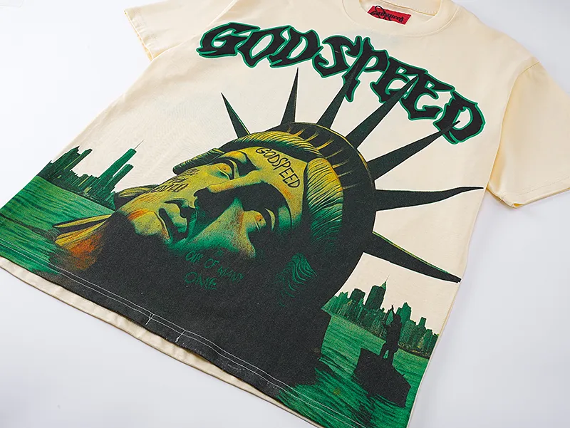 3069# P110 Real shot Godspeed American trendy rock and roll street retro loose printed cotton short sleeves Fabric: 240g 32 count fine cotton double yarn pure cotton Color: apricot Size: S M L XL
