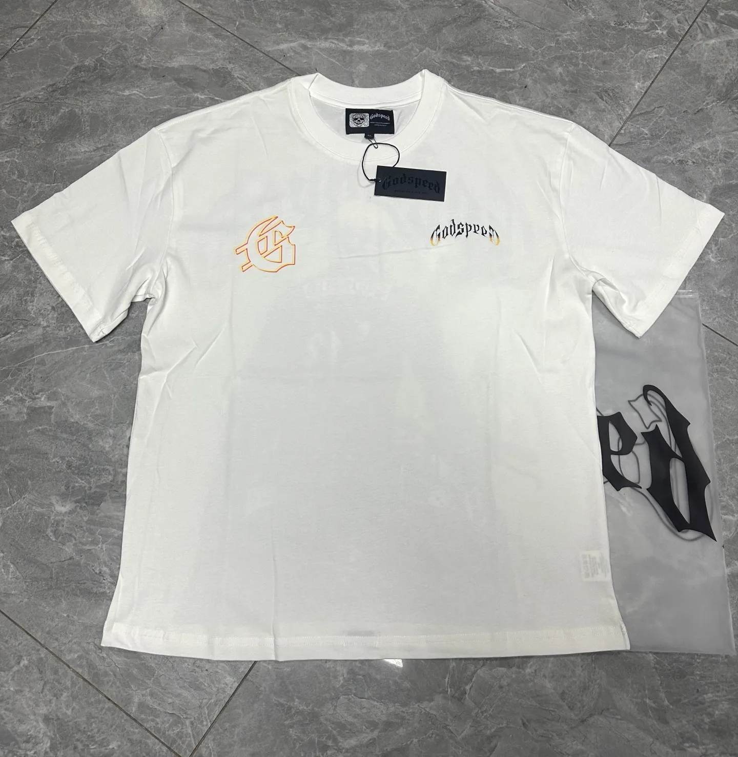Godspeed cross-border American rock and roll street washed retro style short-sleeved T (craft printing) fabric (fabric) 32-count combed double yarn 240 grams weight code number (size): S-M-L-XL color (colour): white