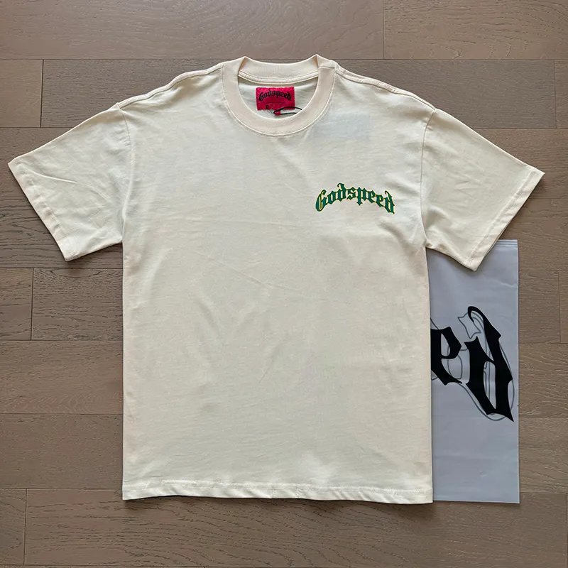 3020# P110 Real shot Godspeed American fashion rock street retro loose printed cotton short sleeves Fabric: 240g 32 count fine cotton double yarn pure cotton Color: off-white apricot Size: S M L XL