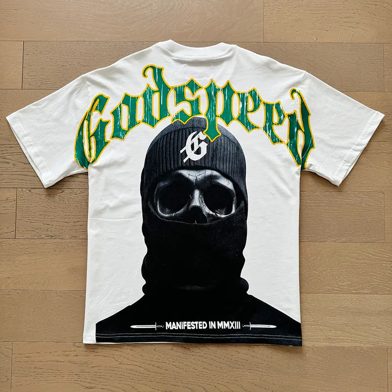 3020# P110 Real shot Godspeed American fashion rock street retro loose printed cotton short sleeves Fabric: 240g 32 count fine cotton double yarn pure cotton Color: off-white apricot Size: S M L XL