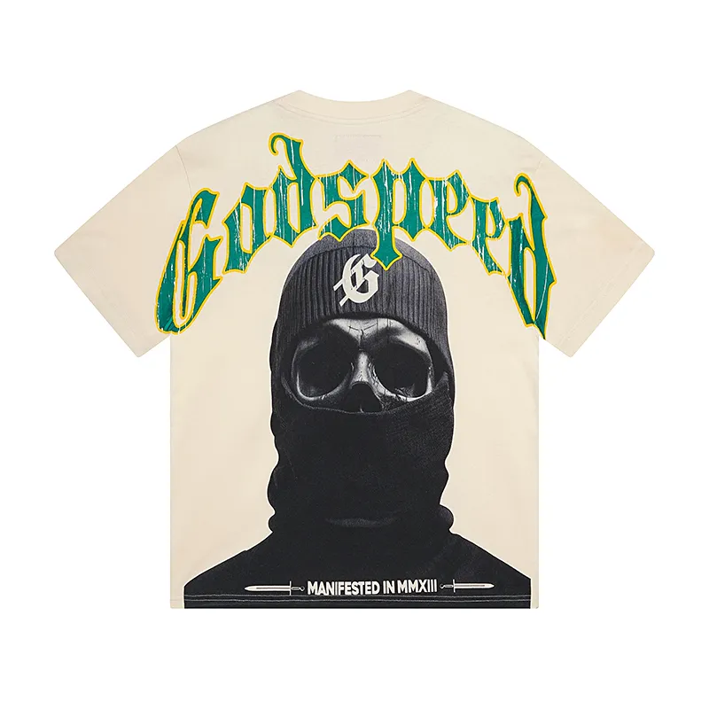 3020# P110 Real shot Godspeed American fashion rock street retro loose printed cotton short sleeves Fabric: 240g 32 count fine cotton double yarn pure cotton Color: off-white apricot Size: S M L XL