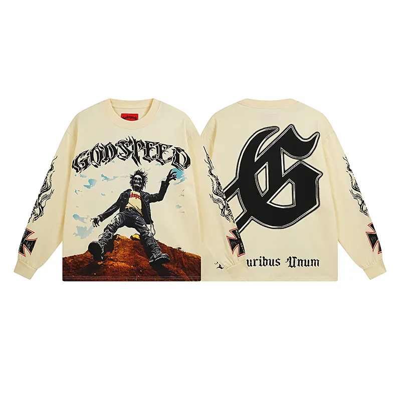 3103# P140 Real shot of Godspeed American fashion rock street pure cotton loose bottoming long-sleeved T-shirt long T. Fabric: 270g 32 count fine cotton double yarn pure cotton Color: apricot Size: S M L XL