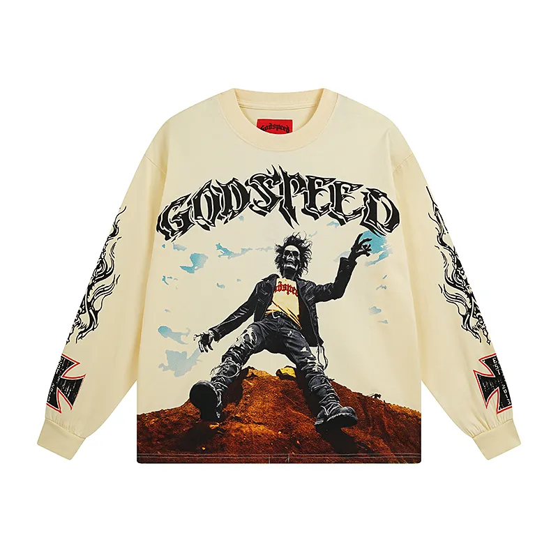 3103# P140 Real shot of Godspeed American fashion rock street pure cotton loose bottoming long-sleeved T-shirt long T. Fabric: 270g 32 count fine cotton double yarn pure cotton Color: apricot Size: S M L XL