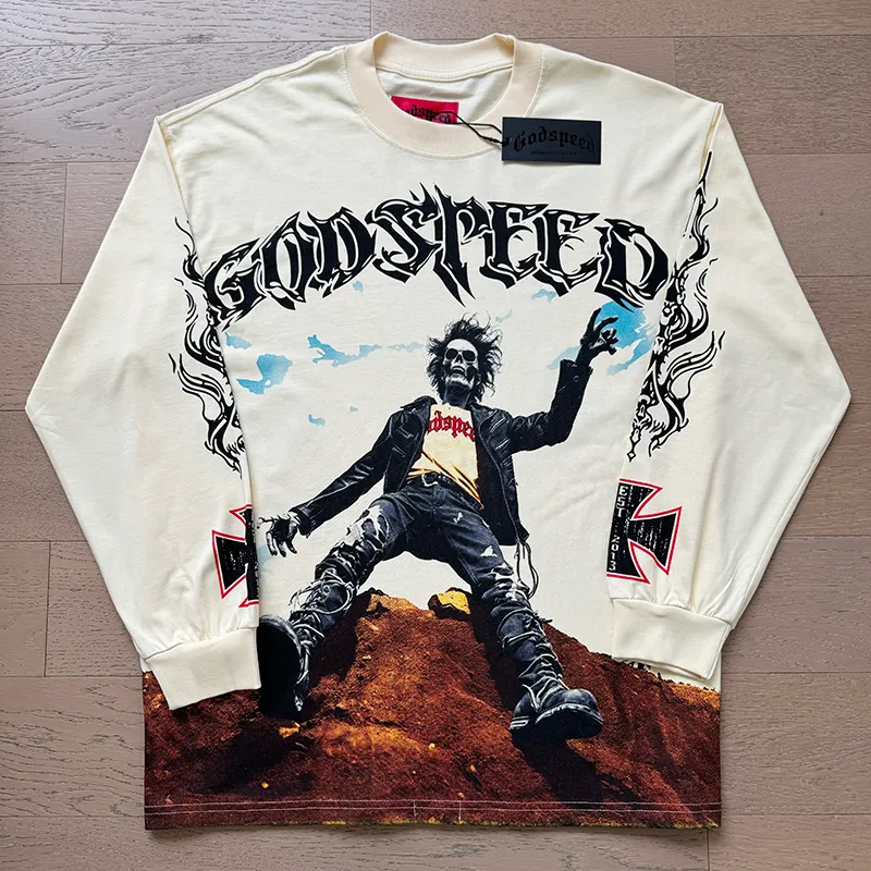 3103# P140 Real shot of Godspeed American fashion rock street pure cotton loose bottoming long-sleeved T-shirt long T. Fabric: 270g 32 count fine cotton double yarn pure cotton Color: apricot Size: S M L XL