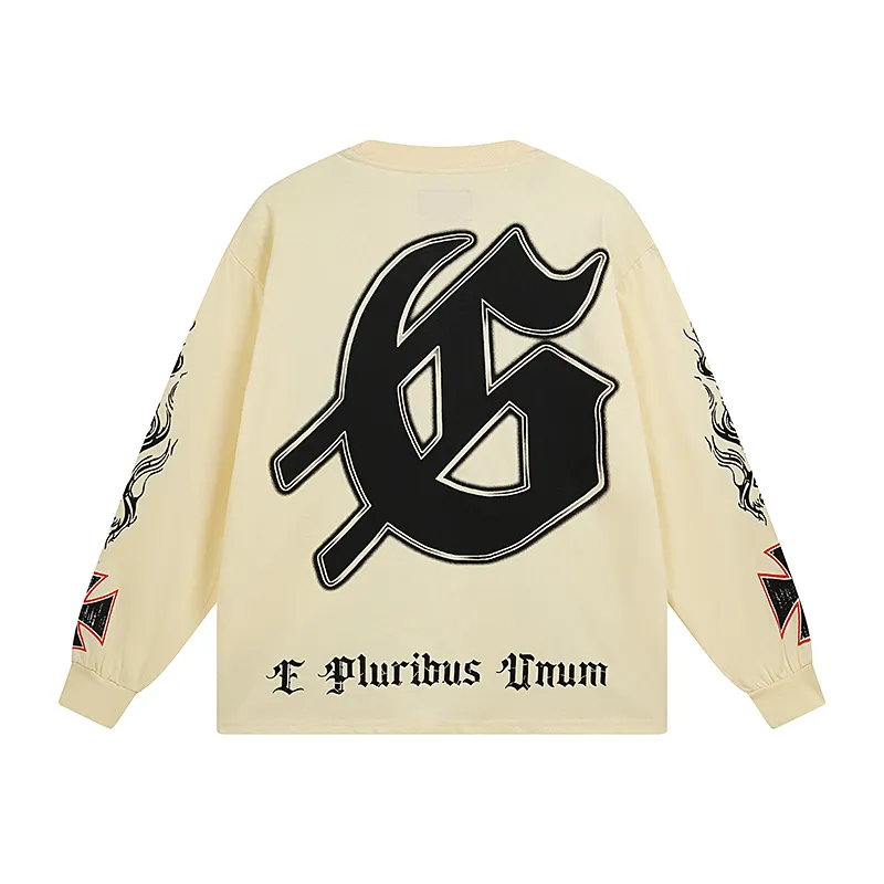 3103# P140 Real shot of Godspeed American fashion rock street pure cotton loose bottoming long-sleeved T-shirt long T. Fabric: 270g 32 count fine cotton double yarn pure cotton Color: apricot Size: S M L XL
