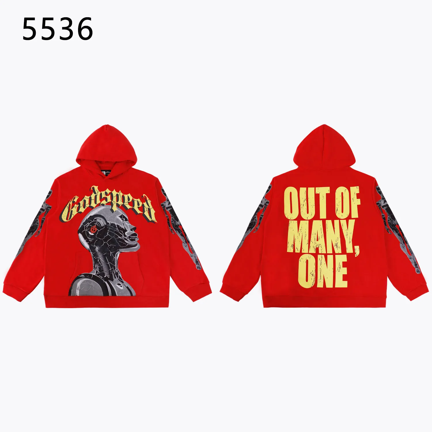 Style number: 5536 Fabric: 420g washed and distressed P196 Real shot Spot Godspeed American fashion rock street retro washed and distressed printed hooded sweatshirt Color: washed black red Size: S M L XL
