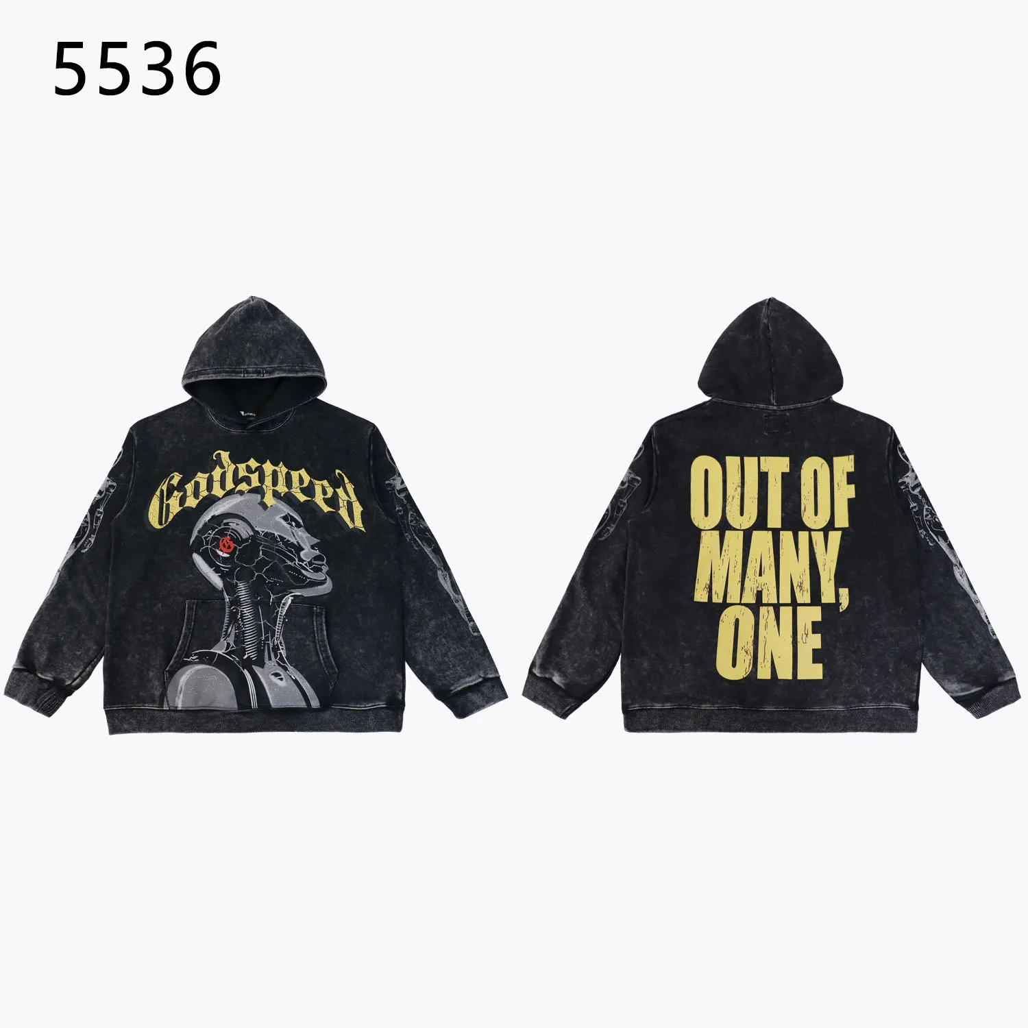 Style number: 5536 Fabric: 420g washed and distressed P196 Real shot Spot Godspeed American fashion rock street retro washed and distressed printed hooded sweatshirt Color: washed black red Size: S M L XL