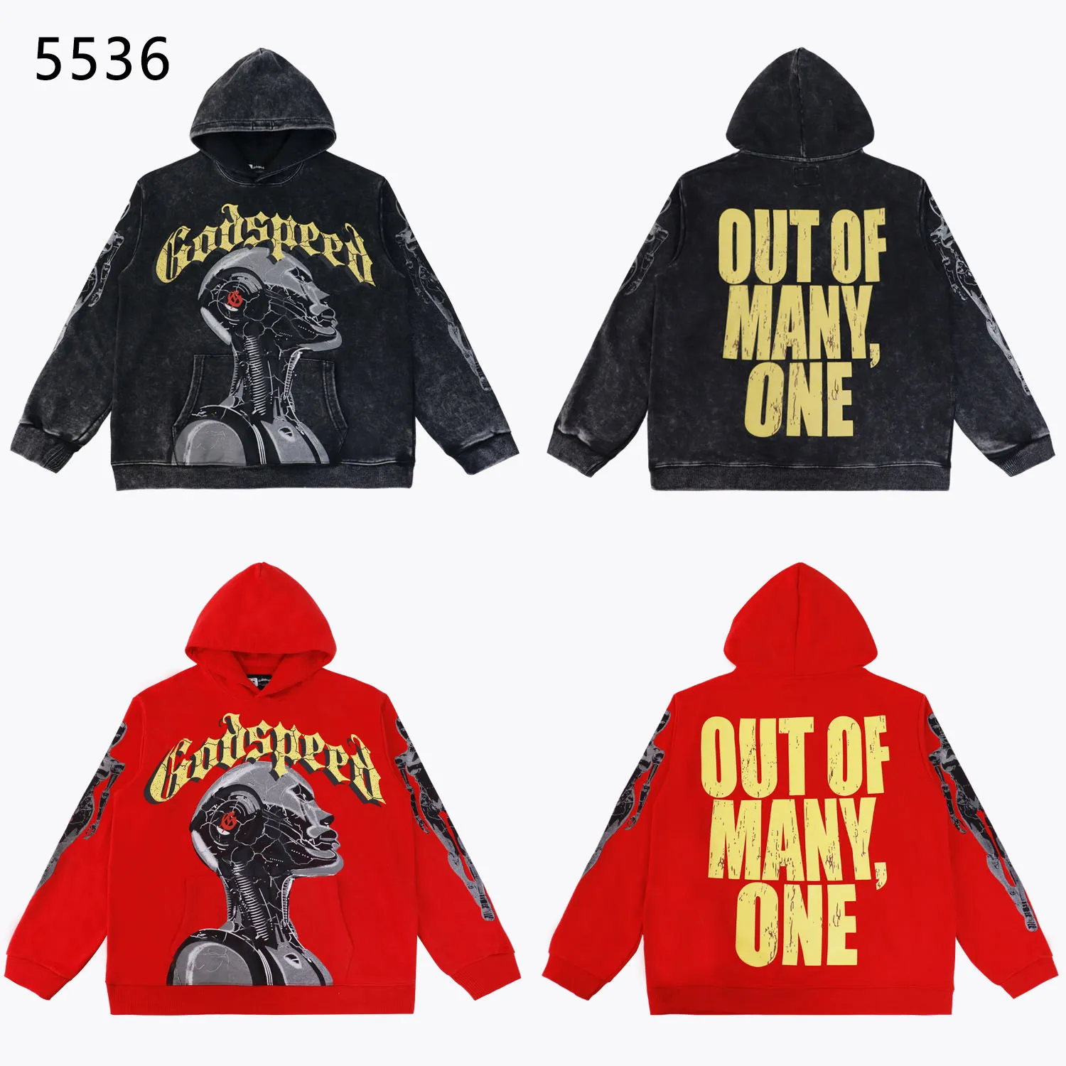 Style number: 5536 Fabric: 420g washed and distressed P196 Real shot Spot Godspeed American fashion rock street retro washed and distressed printed hooded sweatshirt Color: washed black red Size: S M L XL