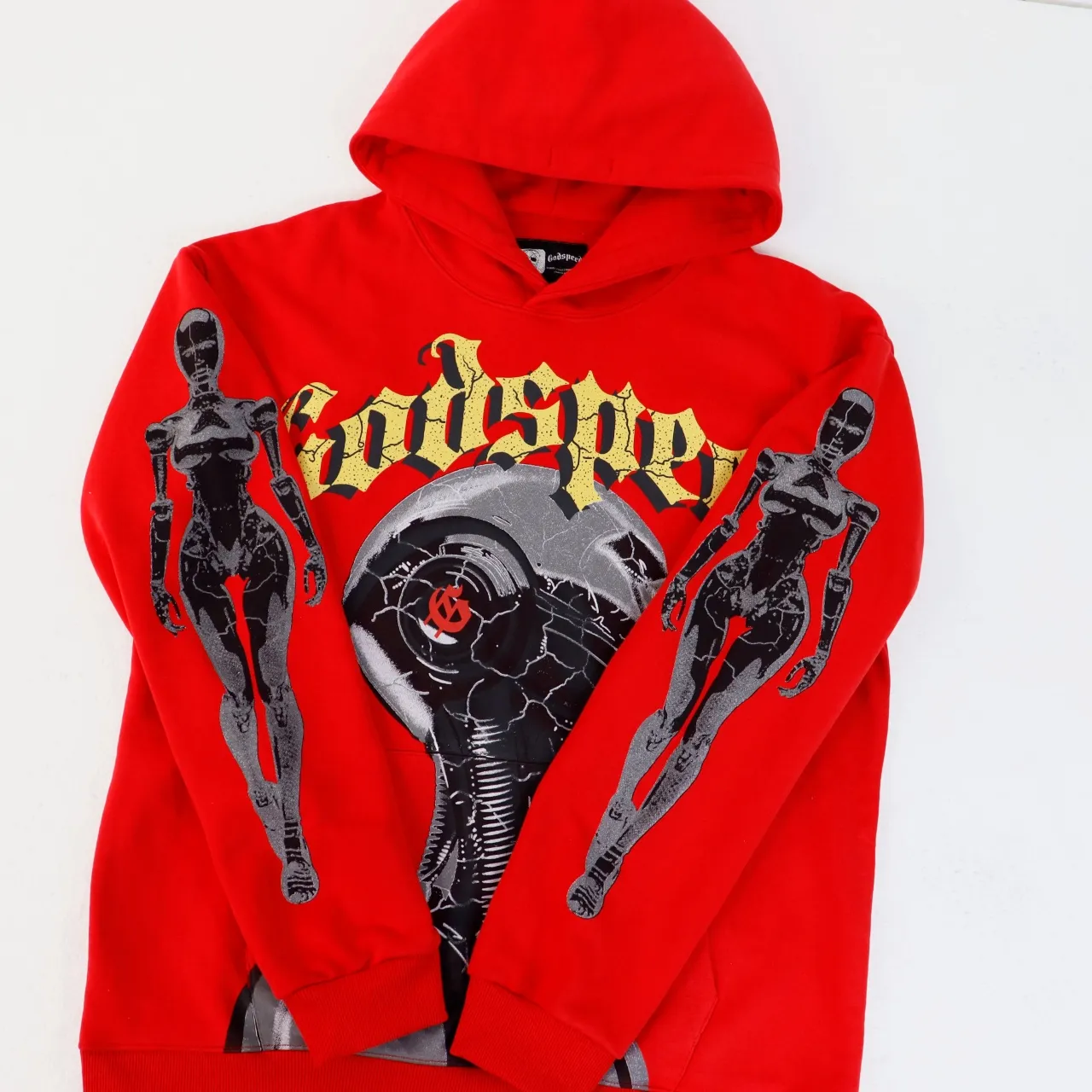 Style number: 5536 Fabric: 420g washed and distressed P196 Real shot Spot Godspeed American fashion rock street retro washed and distressed printed hooded sweatshirt Color: washed black red Size: S M L XL