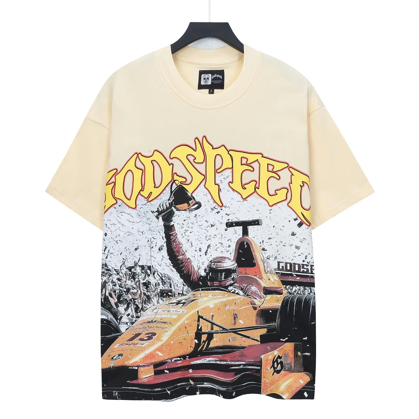 5113#apricot I P8456 Godspeed cross-border American rock and roll street washed retro style short-sleeved T (craft printing) fabric (fabric) 32 counts combed double yarn 240 grams weight code number (size): S-M-L-XL color (colour): apricot