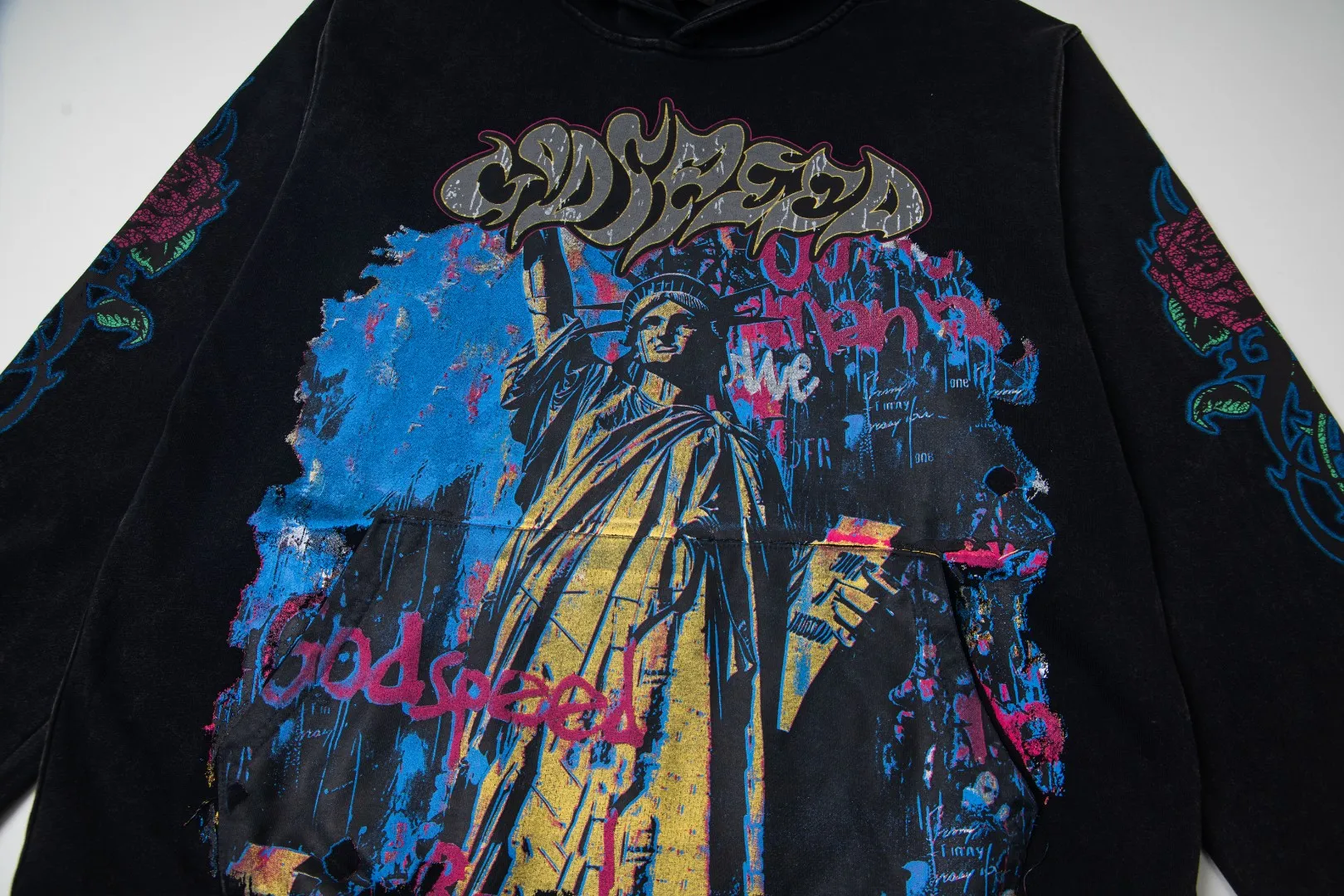 G49# GodSpeed ​​high-definition printed sweatshirt, size S-XL, washed black P216, apricot P206