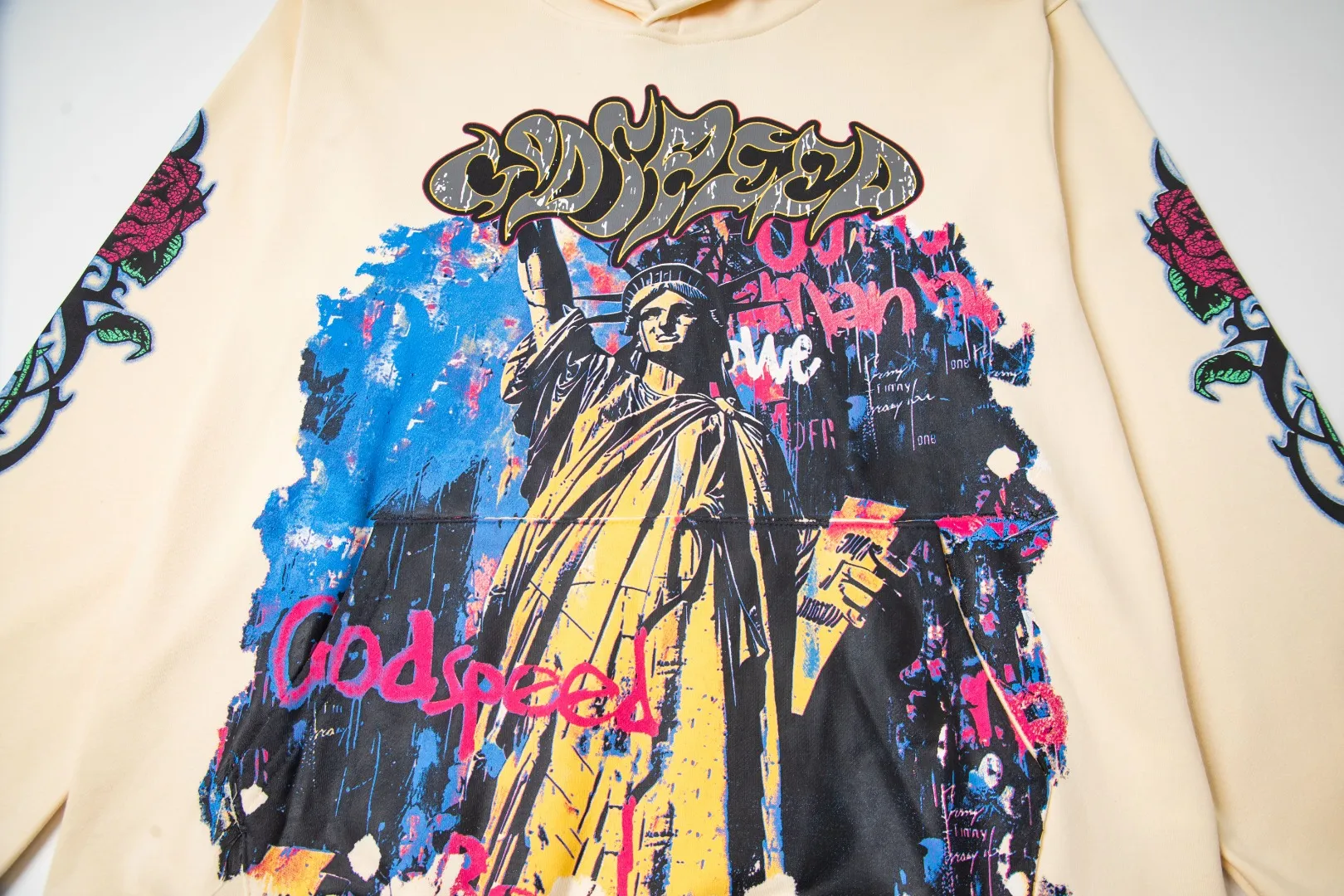 G49# GodSpeed ​​high-definition printed sweatshirt, size S-XL, washed black P216, apricot P206