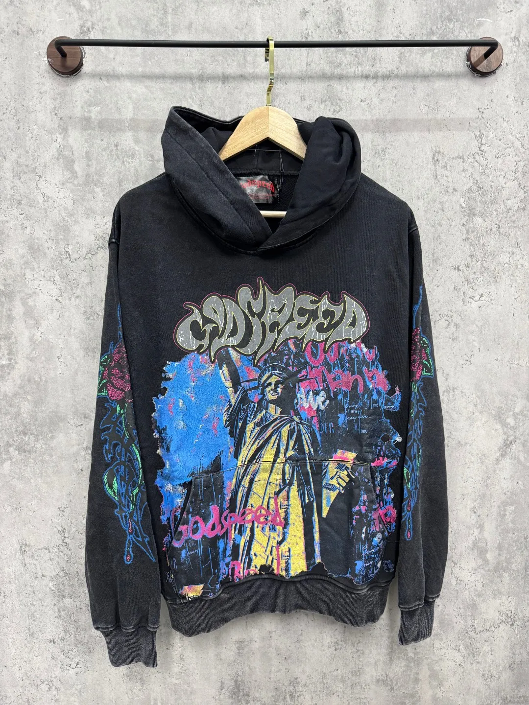 G49# GodSpeed ​​high-definition printed sweatshirt, size S-XL, washed black P216, apricot P206