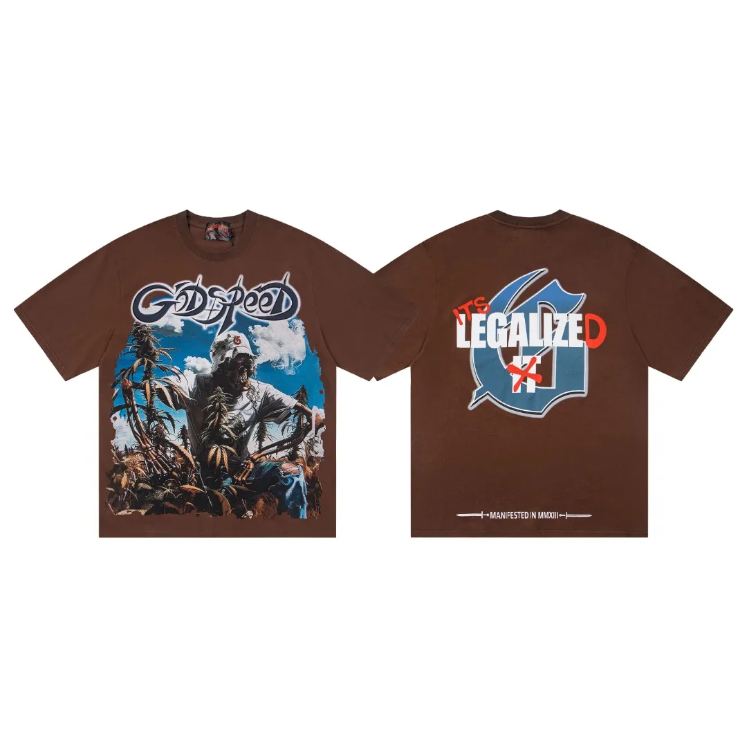 G66# GodSpeed ​​white ink direct spray washed short-sleeved S-XL size brown (washed) P126