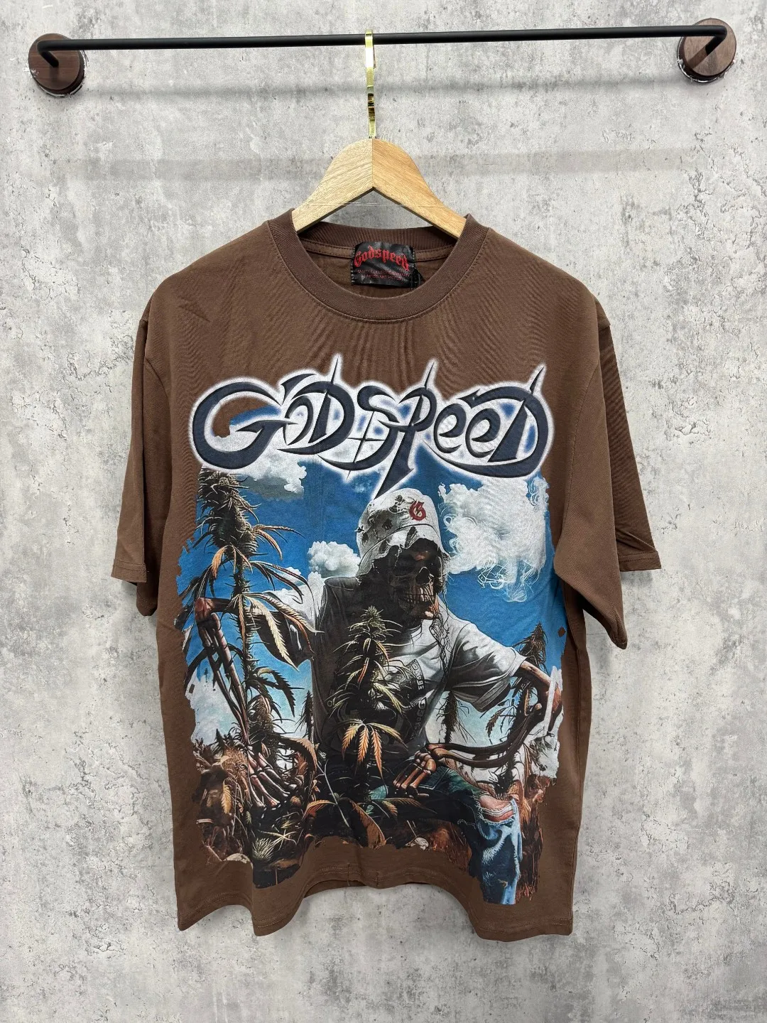 G66# GodSpeed ​​white ink direct spray washed short-sleeved S-XL size brown (washed) P126