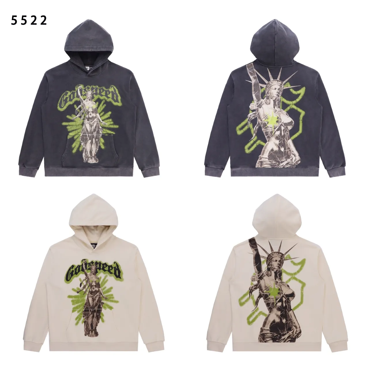 Black P196 Real Shot Spot Godspeed American Fashion Rock Street Retro Washed Distressed Printed Terry Hooded Sweatshirt Color: Washed Black Washed Apricot Size: S M L XL