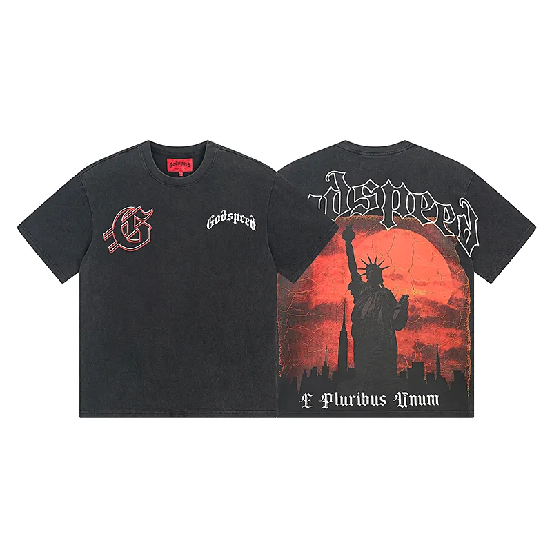 1072# P126 Washed Black Real Shot Godspeed American Fashion Rock Street Retro Washed Distressed Printed Cotton Short Sleeves Fabric: 250g 32 Count Fine Cotton Double Yarn Pure Cotton Color: Washed Black Size: S M L XL