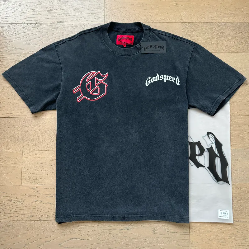 1072# P126 Washed Black Real Shot Godspeed American Fashion Rock Street Retro Washed Distressed Printed Cotton Short Sleeves Fabric: 250g 32 Count Fine Cotton Double Yarn Pure Cotton Color: Washed Black Size: S M L XL