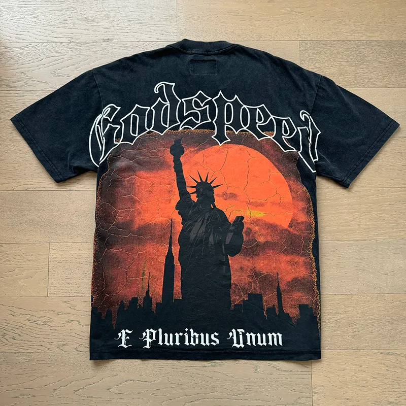 1072# P126 Washed Black Real Shot Godspeed American Fashion Rock Street Retro Washed Distressed Printed Cotton Short Sleeves Fabric: 250g 32 Count Fine Cotton Double Yarn Pure Cotton Color: Washed Black Size: S M L XL