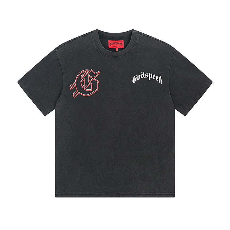1072# P126 Washed Black Real Shot Godspeed American Fashion Rock Street Retro Washed Distressed Printed Cotton Short Sleeves Fabric: 250g 32 Count Fine Cotton Double Yarn Pure Cotton Color: Washed Black Size: S M L XL